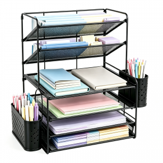 Olakula 6-Tier Desk Organizer,Desktop File Organizer with Drawer and 2 Pen Holder,Office Supplies,Black