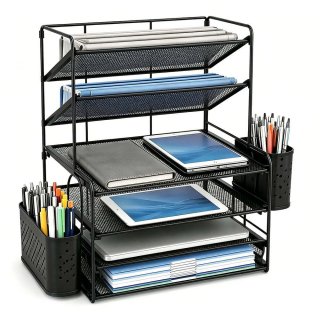 Olakula 6-Tier Desk Organizer,Desktop File Organizer with Drawer and 2 Pen Holder,Office Supplies,Black