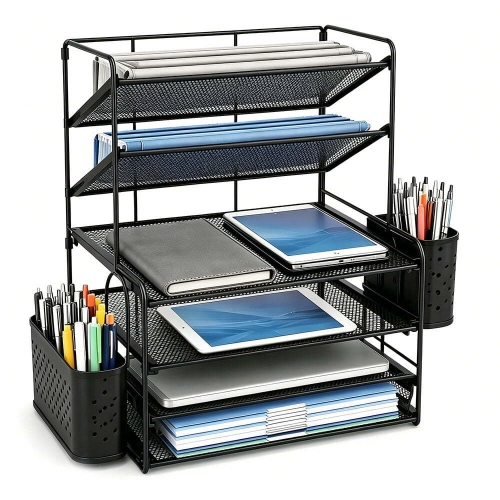 Olakula 6-Tier Desk Organizer,Desktop File Organizer with Drawer and 2 Pen Holder,Office Supplies,Black