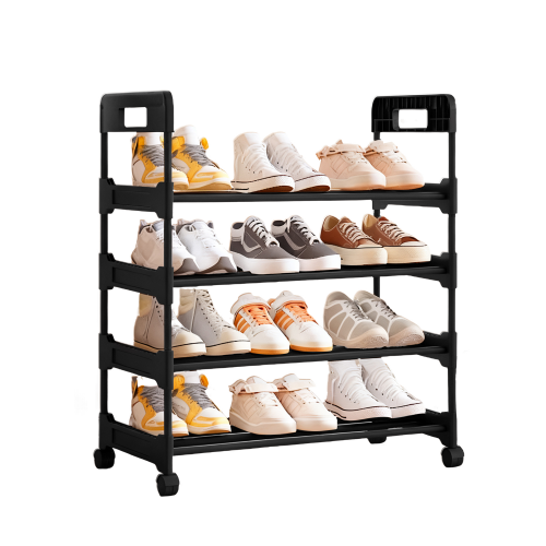 Olakula 4 Tier Shoe Rack with Wheels,Large Capacity,Adjustable Shelves,for Entryway,Office,Black